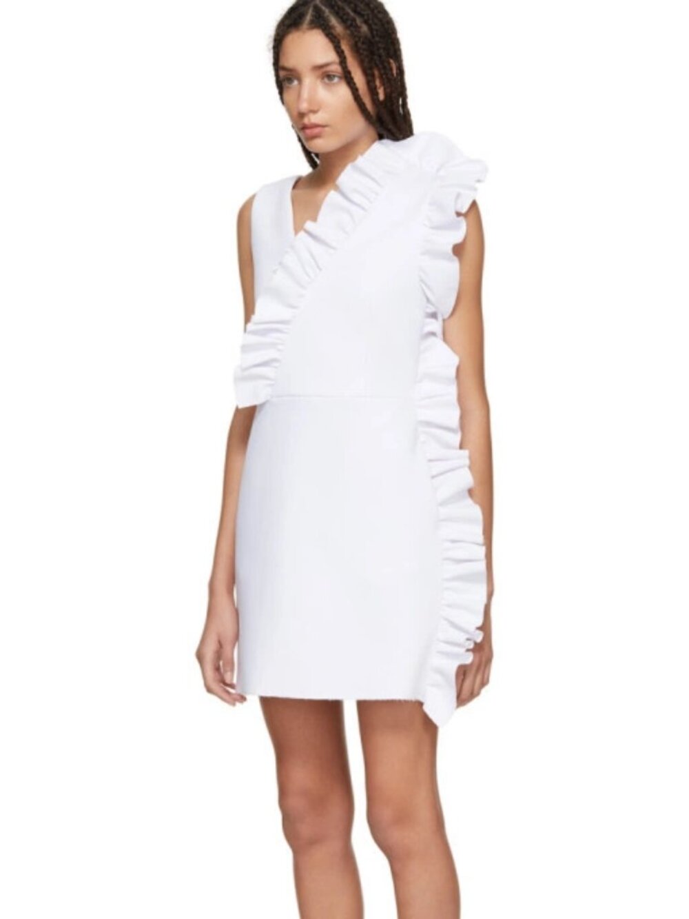 MSGM White Crepe V-Neck Ruffle Trim Mini Sheath Dress, Size 42/M - Picture 4 of 11